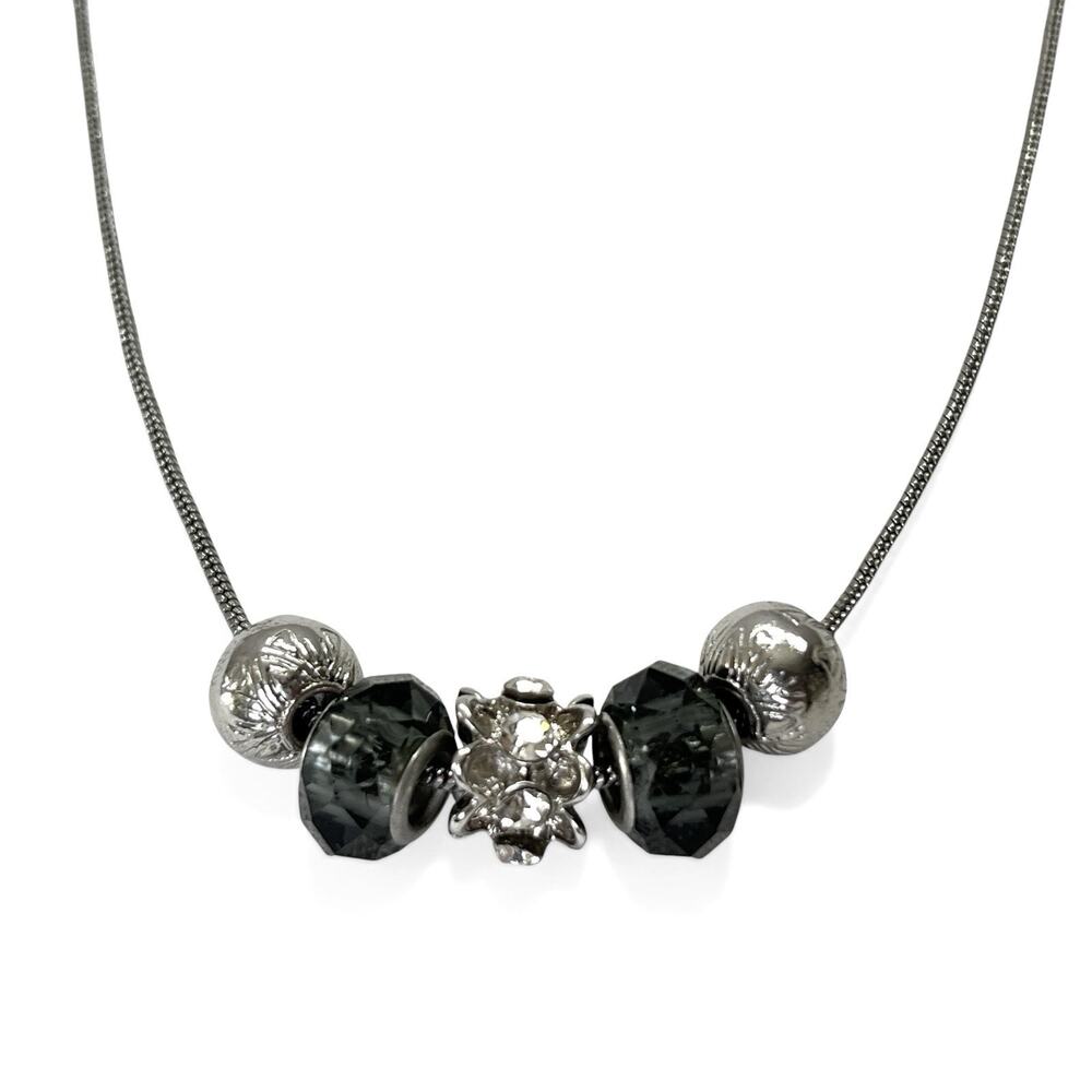 Necklace Slider Pendants Gray Faceted Beads Silver Tone Goth Glam Chic Elegance
